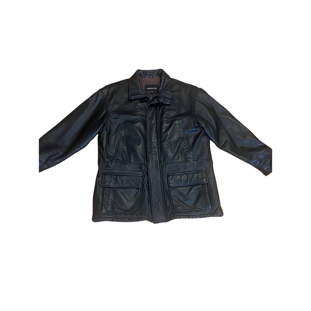 London Fog Mens Genuine Leather Jacket Black Quilted Lined Field Coat Large